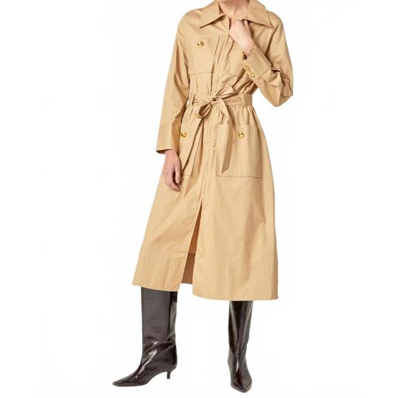 NEW ENGLISH FACTORY modern classic tie-waist dress in trench brown - Picture 5 of 5